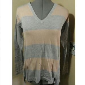VINCE COMUTO Stripe Sweater XS Gray Peach V-neck Long sleeve Lightweight DEFECT